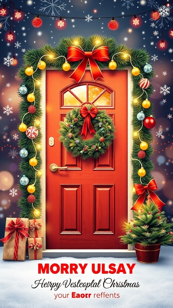 Christmas door decorated with lights and wreath, surrounded by festive graphics.